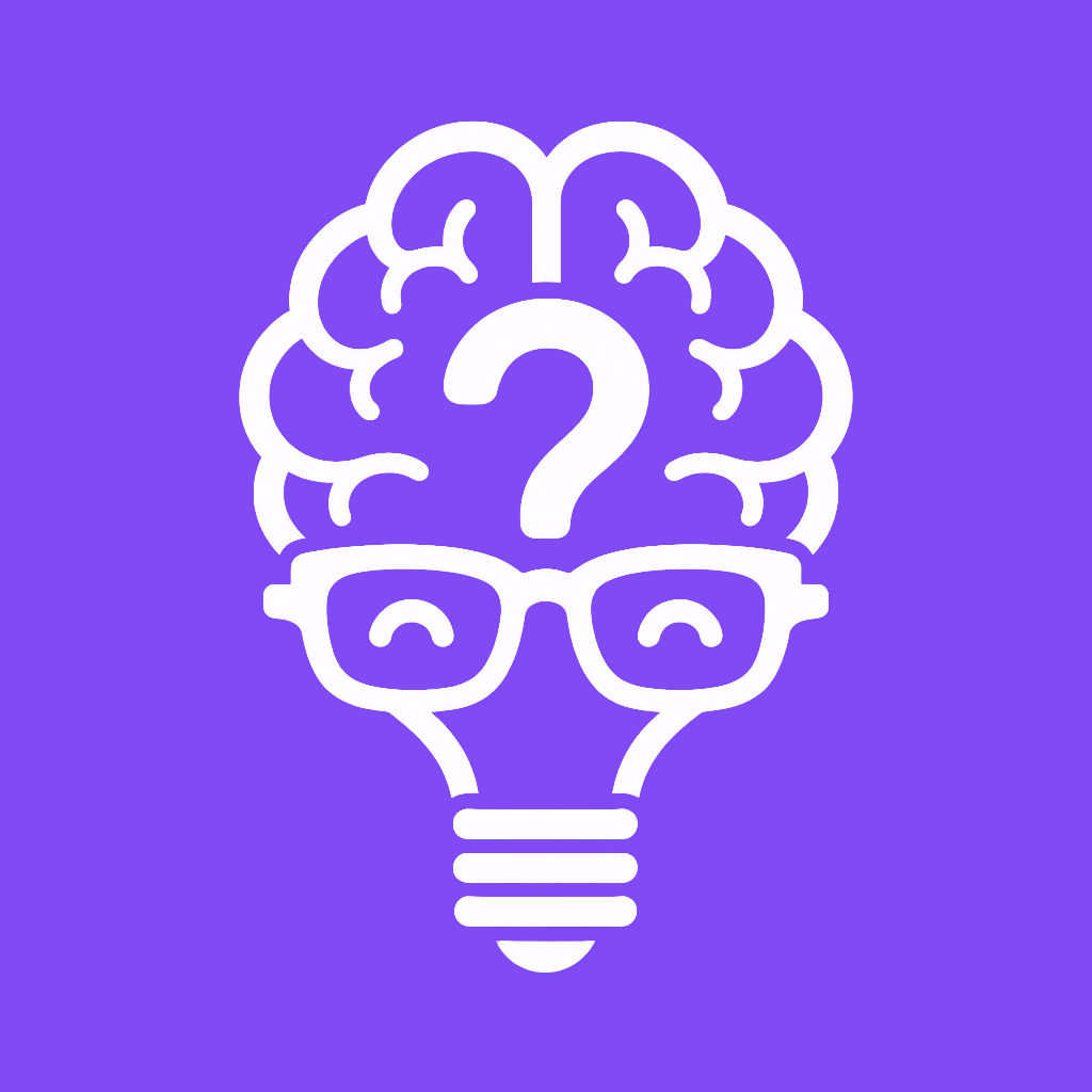 Smart Quiz icon with a white brain, question mark, and glasses on purple